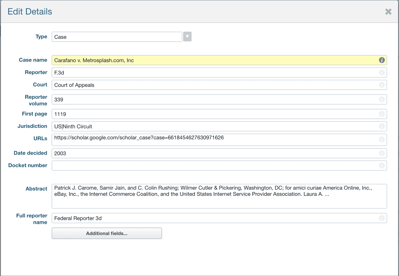 Editing metadata for legal cases